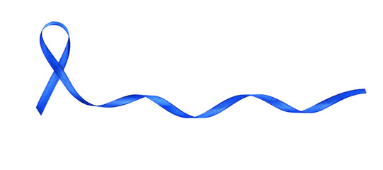 Colon cancer awareness concept. Blue ribbon isolated on white