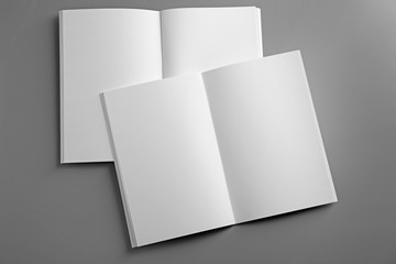 Blank open brochures on grey background