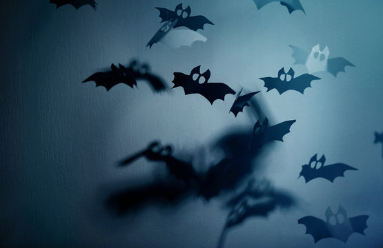 Paper bats on grey background as Halloween decor