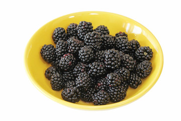 Juicy shiny blackberries in a bright yellow plate on white background