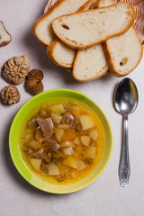 Mushroom soup in green plate with metal spoon, dried wild mushro
