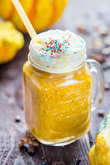 Autumn Pumpkin Spiced Latte or Coffee in Big Jar with Whipped Cream, Autumn or Winter Hot Drink