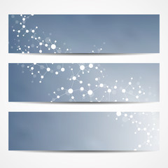 Abstract geometric banners molecule and communication. Science and technology design, structure DNA, chemistry, medical background, business and website