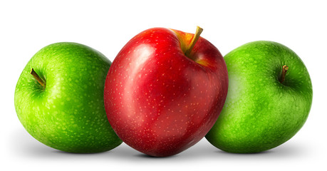 Group of red and green apples on white background.