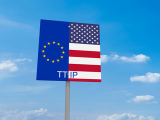 TTIP: USA And EU Flag Road Sign Against A Cloudy Sky, 3d illustration