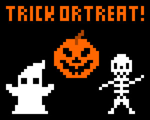 Trick or treat halloween pixel art with jack o' lantern, skeleton, and ghost