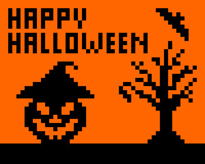 Happy Halloween pixel art jack o' lantern, tree, and bat