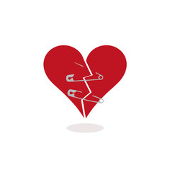 Safety Pins to Keep a Broken Heart Together. Trying to repair a stylized broken heart using two metallic safety pins. Illustration of a red heart broken in half and pierced by two safety pins.