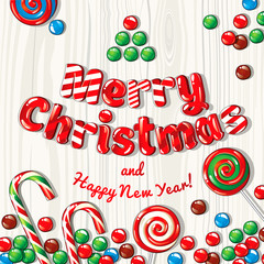 Christmas card poster banner with candies on a wooden background. Vector illustration.