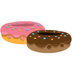 Two donuts with chocolate fudge and strawberry. Color illustration of desserts and pastries.