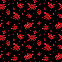 Fototapeta na wymiar Red spots and spray seamless pattern. Splattered Blood, Ketchup or jam on black background. Various Red Blood Splashes and splatters endless pattern