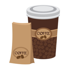 Package and cup of coffee. Color illustration of the packaging for the products.