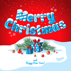 Christmas card poster banner with ice letters, fir branches, gifts and candies on a red background. 