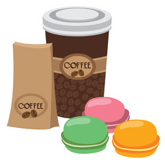 Package, cup of coffee and macaroon. Color illustration of desserts and pastries.