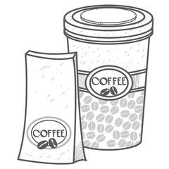 Package and cup of coffee. Outline drawing of the packaging for the products.