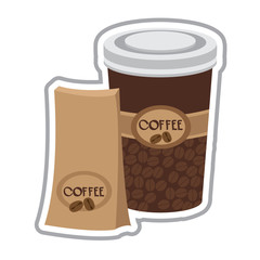 Package and cup of coffee. Color illustration of the packaging for the products.