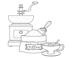 Vintage manual coffee grinder, coffee bag and cup outline drawing.