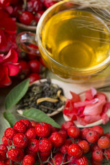 Tea with rosehip on a table. Useful drink for health. Herbal tea petals of Pelargonium and rowan. Traditional medicine. 