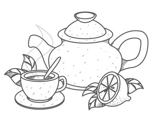 Teapot, cup of tea with lemon outline drawing.