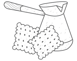 Turkish fresh hot coffee and crackers outline drawing.