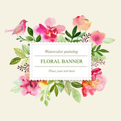Watercolor floral background with bird