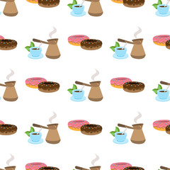 Seamless pattern with illustrations on a coffee theme. Turkish coffee pot, cup of coffee and donuts.