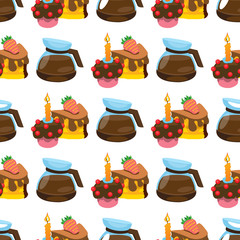 Seamless pattern with illustrations on the theme of coffee. Cakes and kettle for brewing coffee.