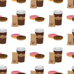 Seamless pattern with illustrations on the theme of coffee. Donuts and coffee in the cup.