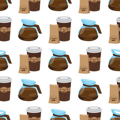 Seamless pattern with illustrations on the theme of coffee. Teapot and cup of coffee.