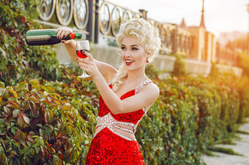 party, drinks, holidays, luxury and celebration concept - smilin