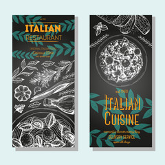 Italian food vintage design template. Vertical banners set. Vector illustration hand drawn linear art. Italian Cuisine restaurant menu. Hand drawn sketch vector flyers.