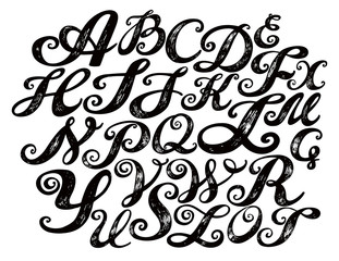Calligraphy alphabet typeset lettering. Hand drawn alphabet. Capital and lower-case letters. Copy-book hand font. Hand drawn sketch of ABC letters in old fashion vintage style. Calligraphy letters set