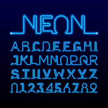 One thin line neon tube font. Alphabet and numbers.