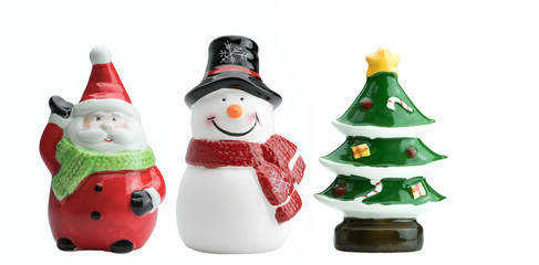 Ceramic Santa Clause , Snowman and Christmas tree models isolated on white background