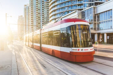 Printed roller blinds Toronto Modern tram in Toronto downtown at sunset