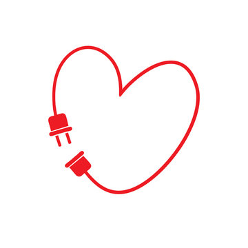 Vector heart made from electric line with plug.