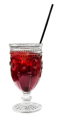 Vibrant red cocktail with straw, isolated on white