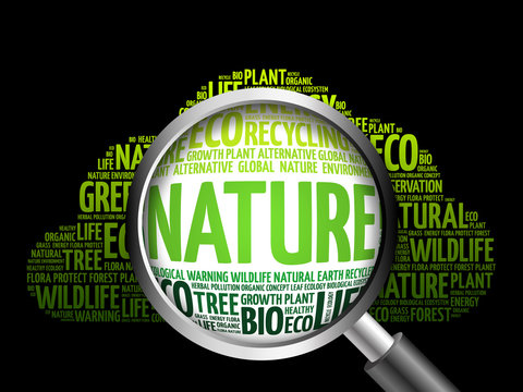 Nature word cloud with magnifying glass, ecology concept
