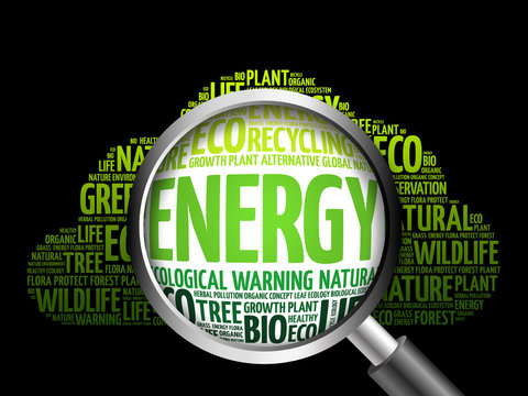 Energy word cloud with magnifying glass, ecology concept