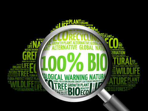 100% BIO word cloud with magnifying glass, ecology concept