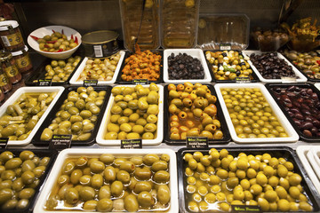 Olives shop in La Boqueria market, Barcelona.