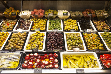 Olives shop in La Boqueria market, Barcelona.