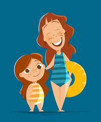 Happy mother and daughter in swimsuit