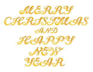 Merry Christmas and Happy New Year. Calligraphy alphabet typeset lettering. Trended capital  letters. Copy-book hand font. Hand-drawn sketch of ABC  in old fashion vintage style. 