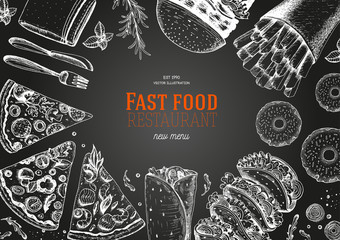 Fast food top view frame. Fast food banner, snack collection. Vintage vector illustration. Drawn in ink. Set of fast food, junk food.