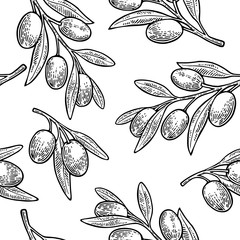 Seamless pattern Olives on branch with leaves.
