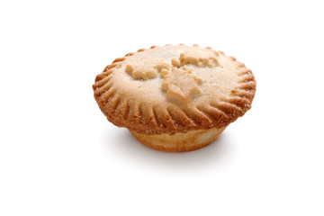 Close up of a Christmas Mince Pie and holly sprig isolated on a white background