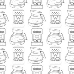 Seamless pattern with outline drawings on the theme of coffee. Coffee maker and kettle for brewing coffee.