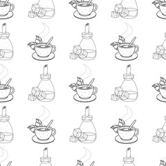 Seamless pattern with outline drawings on the theme of coffee. Cane sugar and coffee in the cup.
