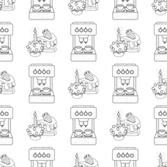 Fototapeta na wymiar Seamless pattern with outline drawings on the theme of coffee. Coffee maker and cakes.